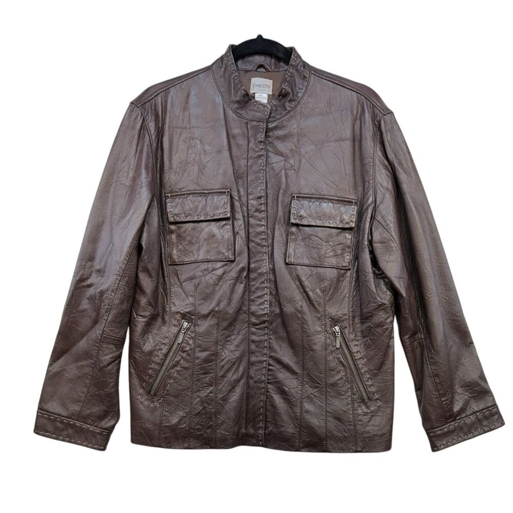 Chicos Womens Genuine Leather Jacket Size 2 Medium 10/12 Brown Pockets & Zipper